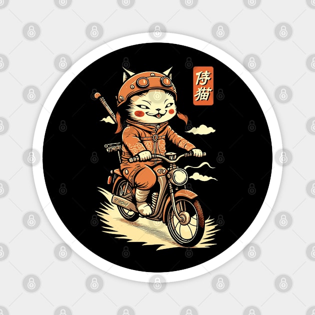 Japanese Samurai Cat on Motorcycle Kawaii Ninja Cat Magnet by Apocatnipse Meow